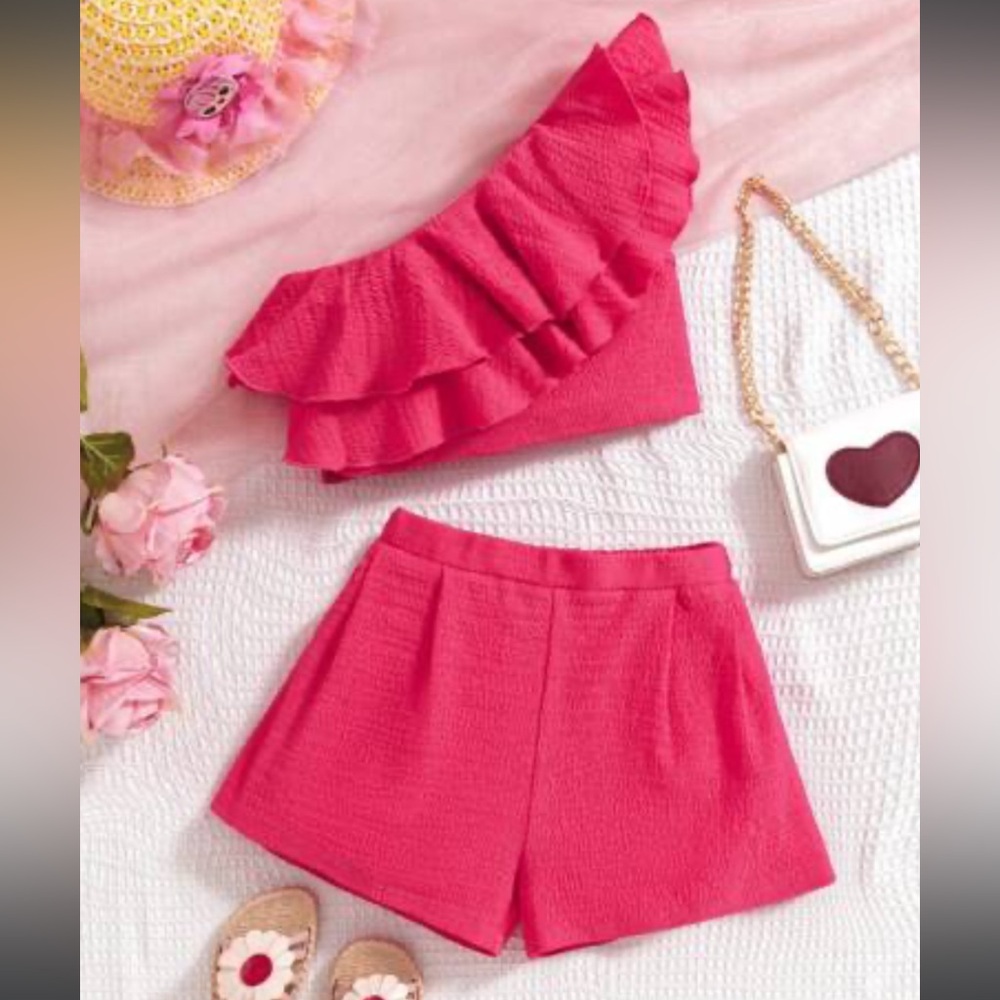 2 piece asymmetrical ruffle top and short set in hot pink.  Size small